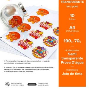 Vinil PET Adesivo Semi Transparente Prova Dagua A4 – 10 Folhas